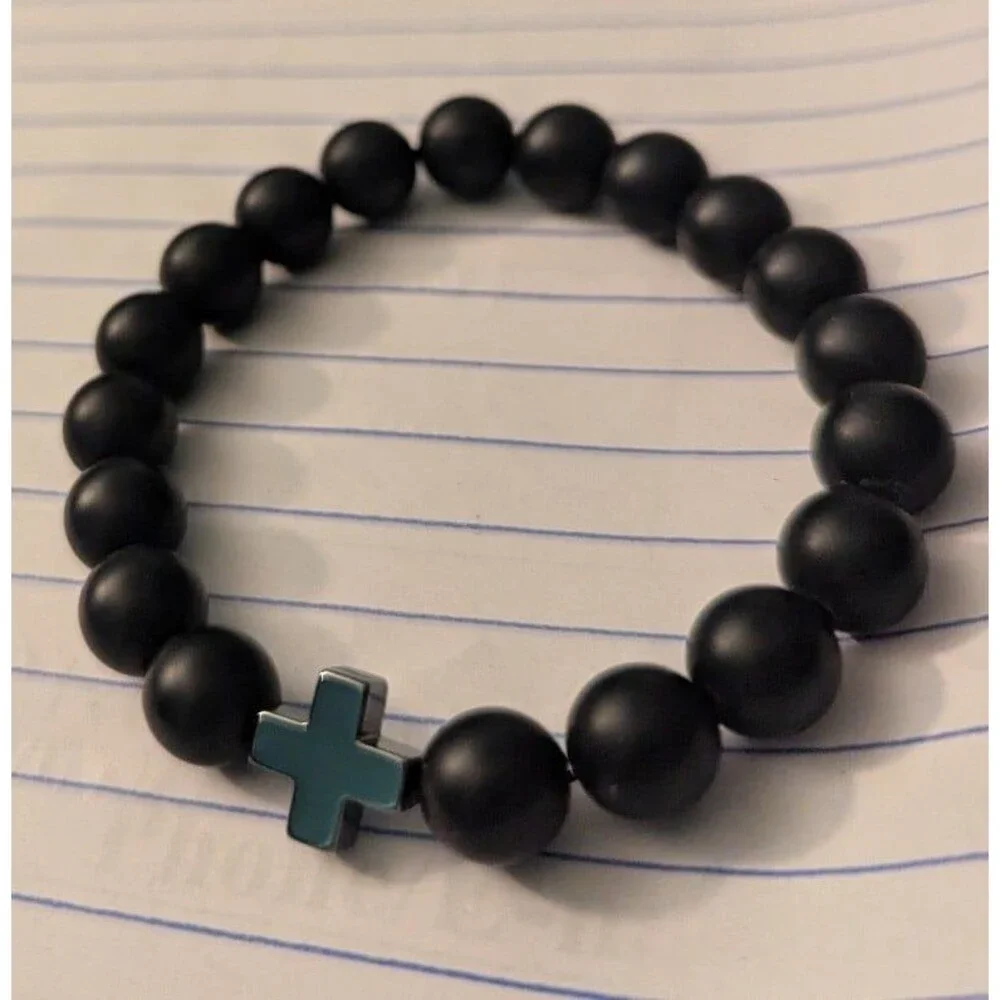 Men's Hematite Cross 10mm Black Beaded Bracelet
